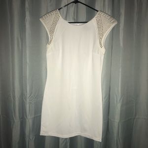 Chelsey White Dress Gold Studded Padded Shoulders